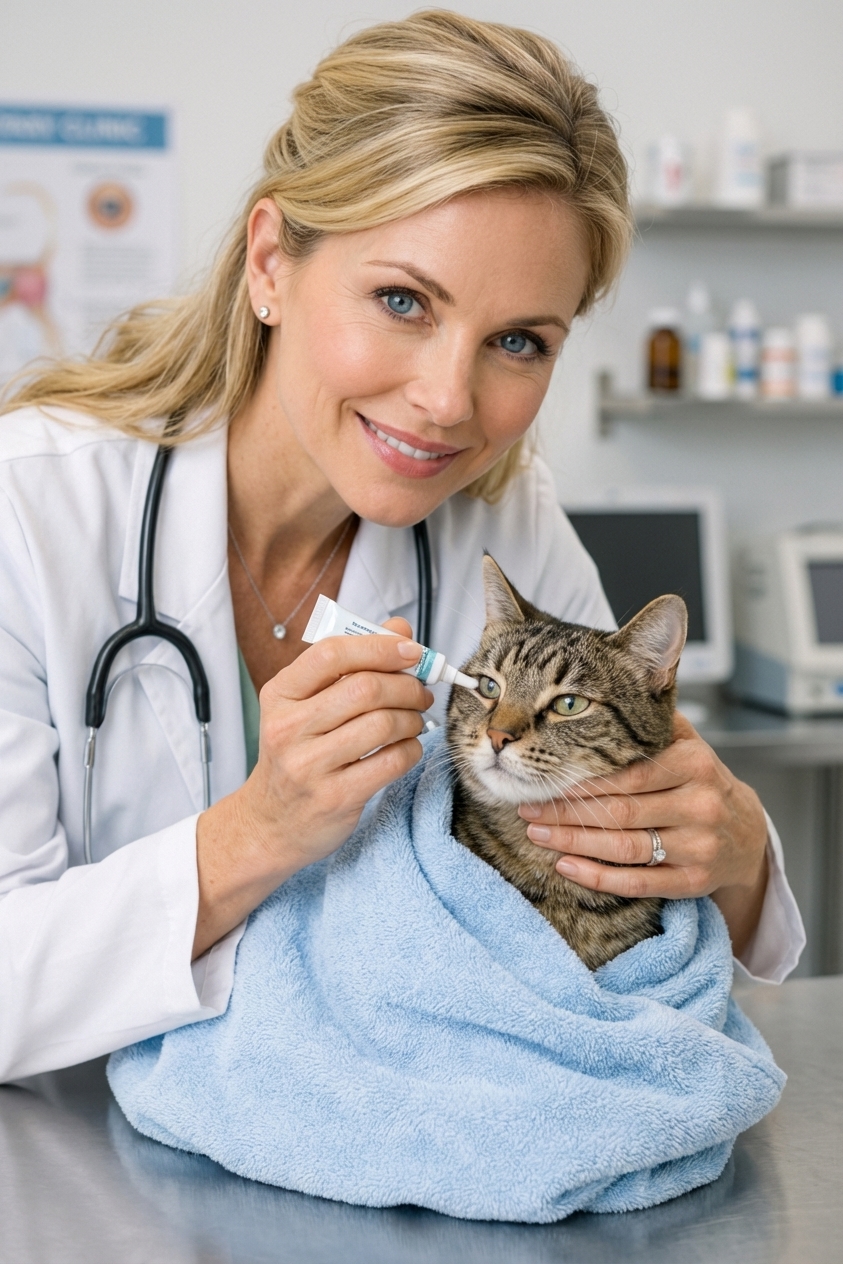 A photorealistic close-up of a person gently applying veterinary eye ointment to a calm domestic cat while the cat is wrapped in a towel on a table, indoor clinic lighting