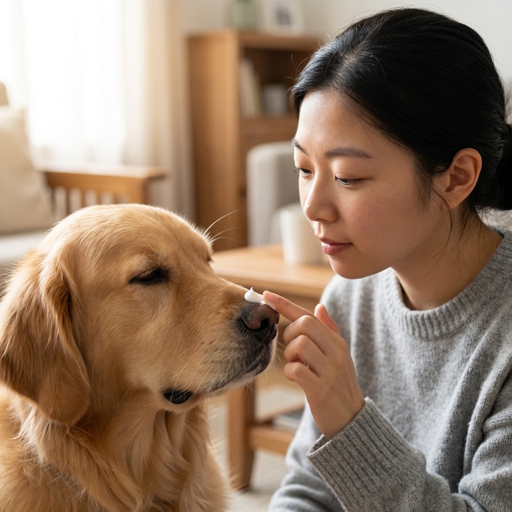 A photorealistic close-up of a person gently applying a small amount of balm to a dog’s nose with a fingertip, soft indoor lighting and calm mood
