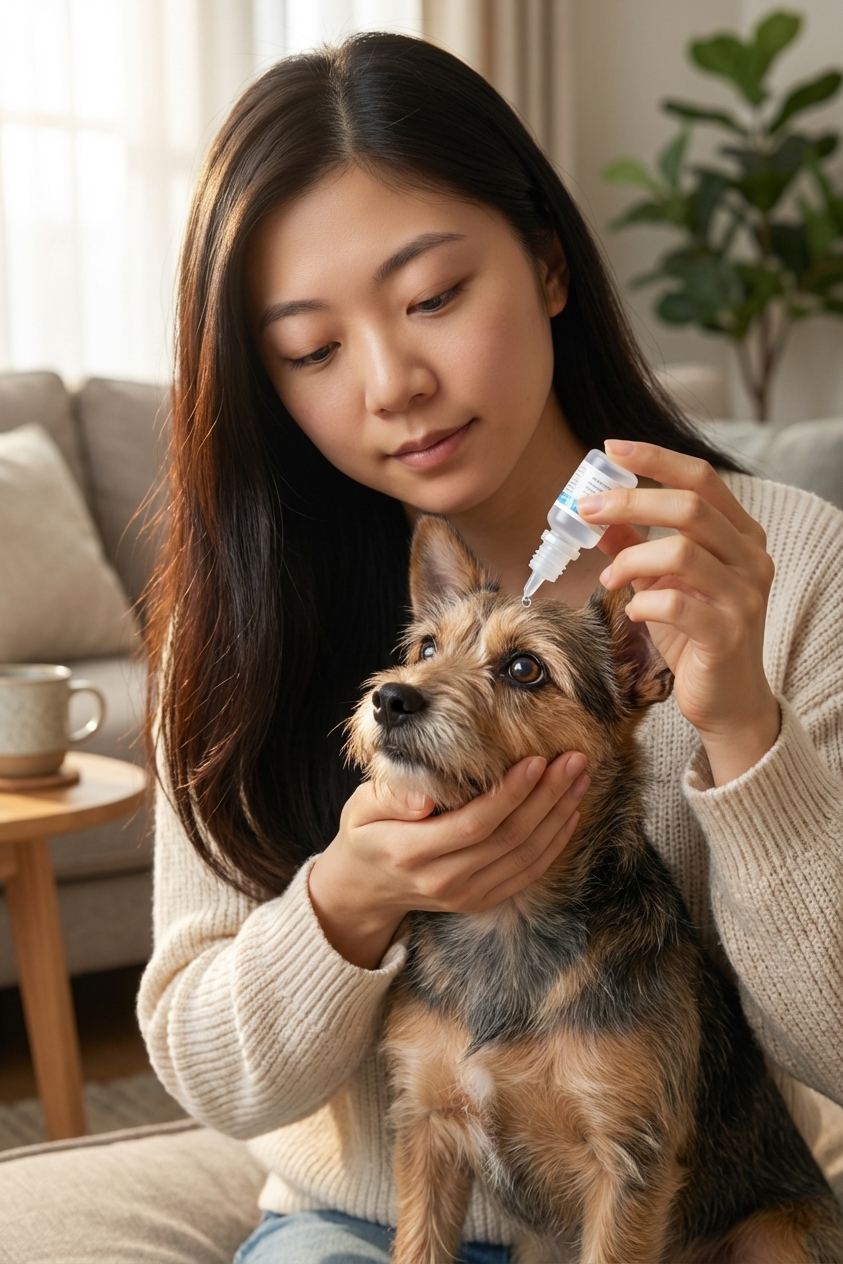 A photorealistic close-up of a pet owner gently holding a small dog’s head while applying a single drop of ophthalmic medication into the dog’s eye, indoor home lighting, calm moment