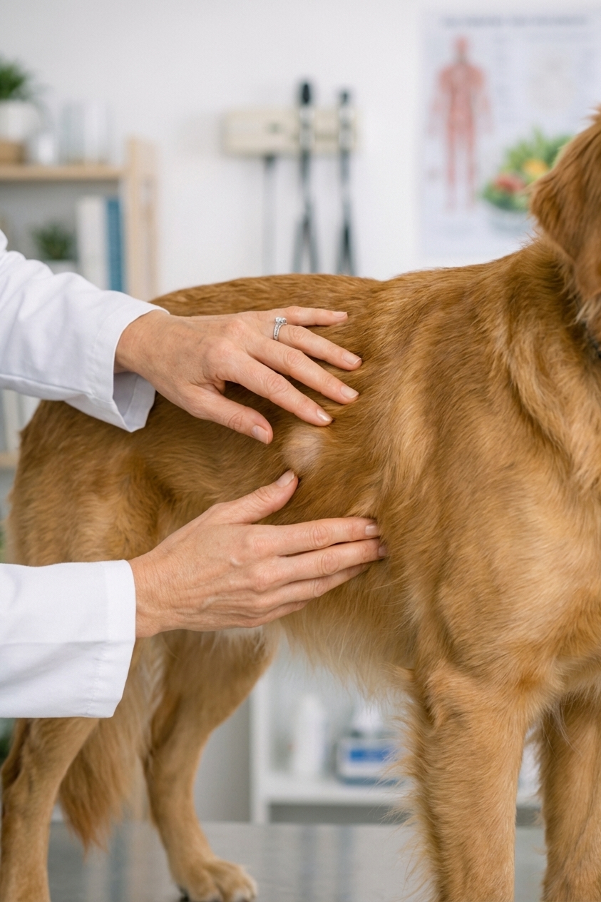 A photorealistic close-up of a veterinarian’s hands gently feeling a dog’s side for a small subcutaneous lump while the dog stands calmly, soft clinic background blur