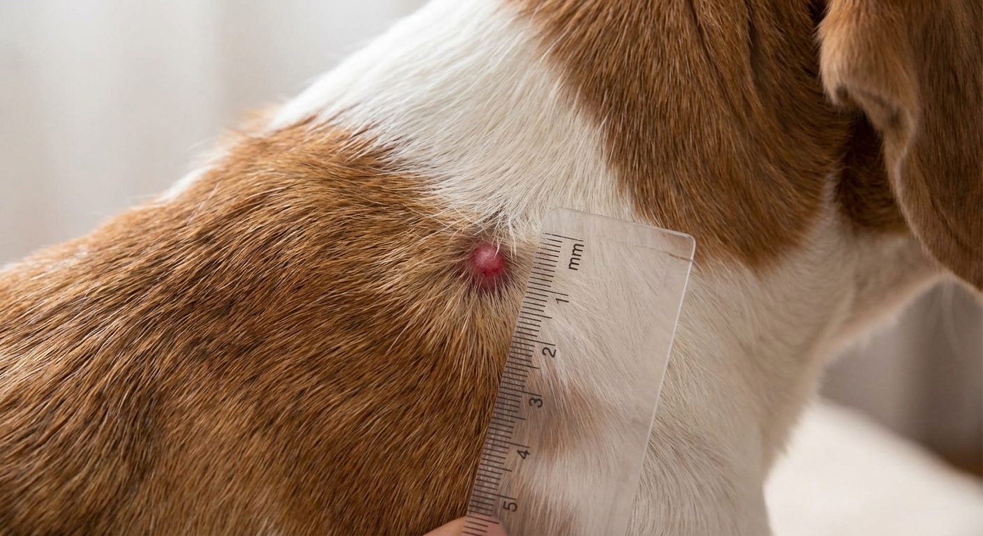 A photorealistic close-up photo of a dog’s shoulder with a small raised red skin bump, with a plain plastic ruler held next to the bump to show size, soft indoor lighting