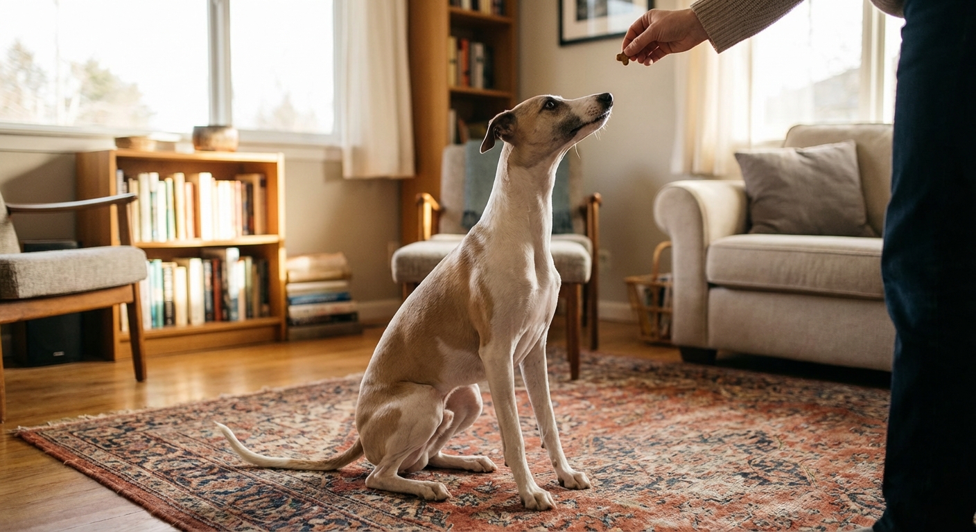 A photorealistic image of a Whippet sitting attentively on a living room rug while looking up at an owner holding a small treat, soft natural window light, calm training moment