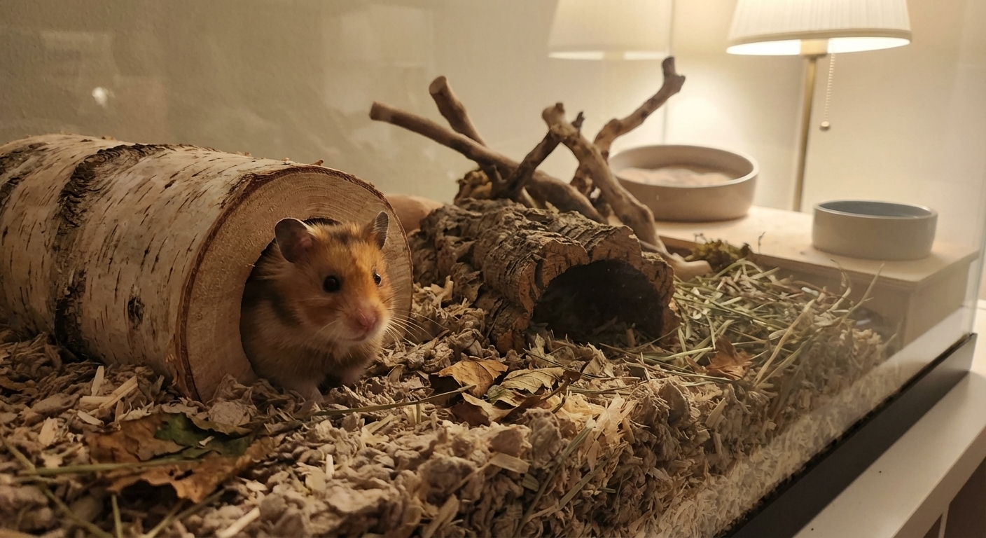 A photorealistic image of a hamster peeking out of a wooden hideout inside a spacious enclosure with deep bedding and a tunnel nearby, warm indoor lighting