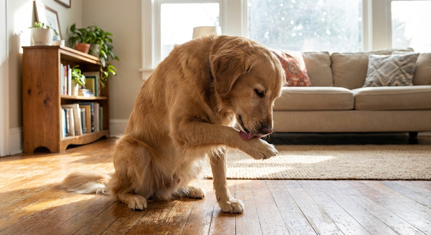 A photorealistic indoor photograph of a medium-sized dog sitting on a living room floor, bending to lick one front paw repeatedly, with the paw held close to the muzzle