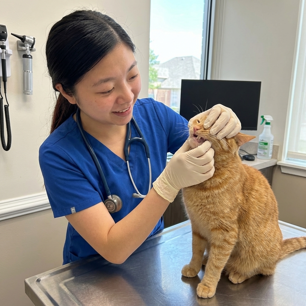 A photorealistic photo inside a veterinary exam room showing a veterinarian wearing gloves gently examining a calm cat’s mouth on an exam table