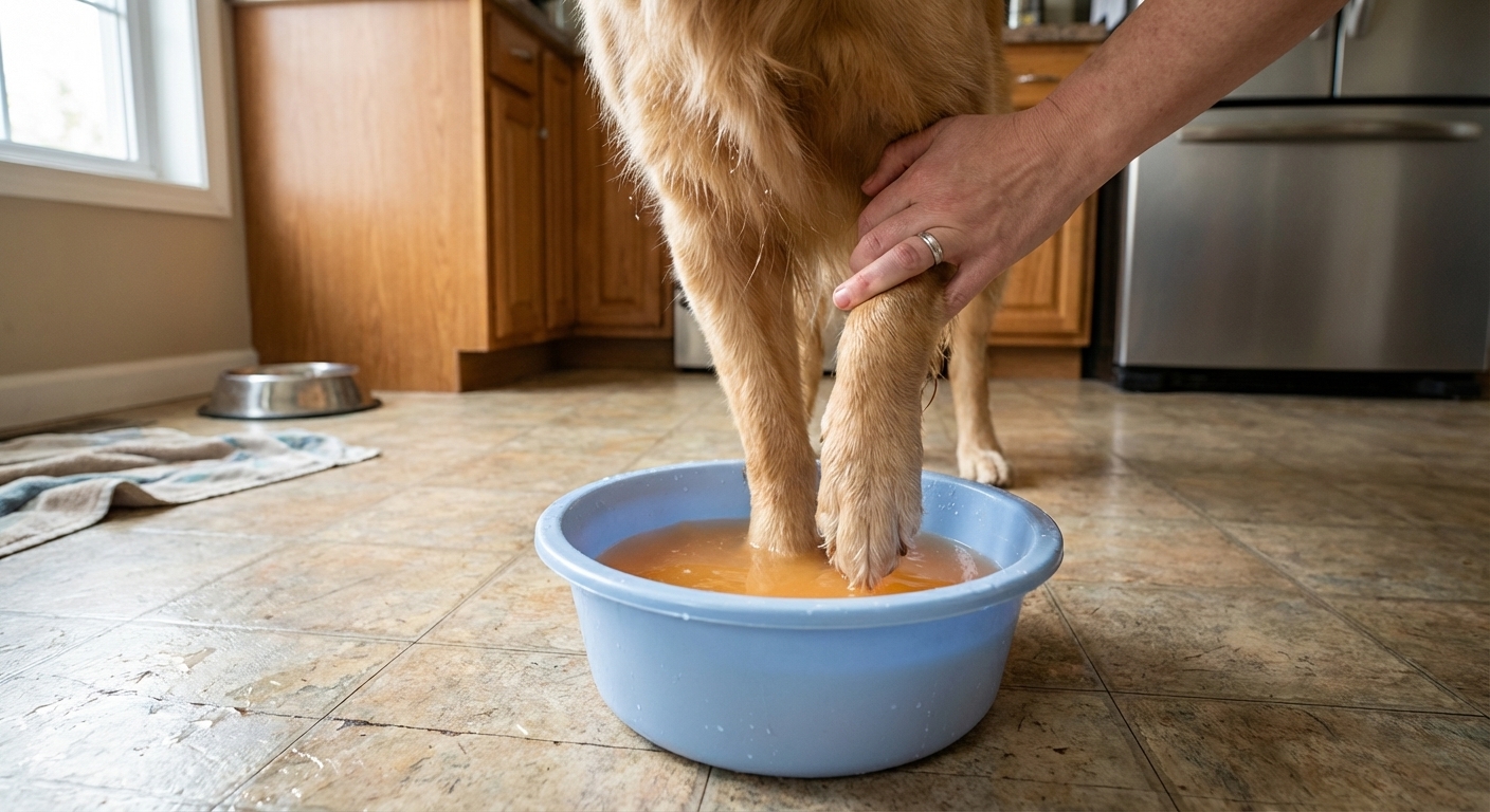 A photorealistic photograph of a dog’s front paw being soaked in a small plastic basin of diluted antiseptic solution on a kitchen floor, with a human hand steadying the leg gently