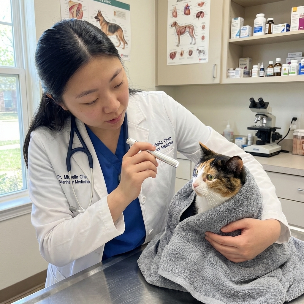 A photorealistic photograph of a veterinarian gently examining a cat’s eye with a small handheld light in a clinic exam room, the cat wrapped in a towel, calm supportive handling