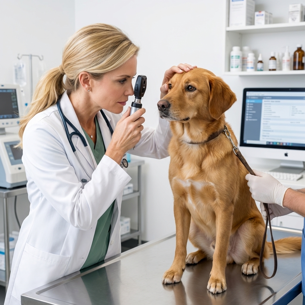 A photorealistic scene in a veterinary clinic where a veterinarian is gently examining a dog’s eye using an ophthalmic instrument, the dog is calm on an exam table with a handler nearby, clean clinical lighting