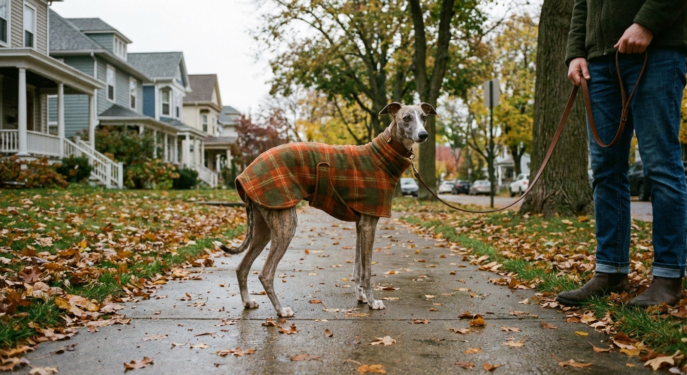 A photorealistic scene of a Whippet wearing a fitted fleece dog coat while standing on a neighborhood sidewalk on an overcast day, handler’s legs partially visible, cozy autumn atmosphere