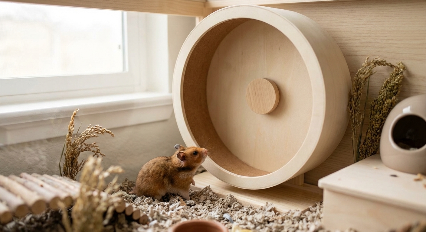 A photorealistic scene of a hamster standing next to a large solid-surface exercise wheel inside an enclosure, showing the wheel diameter relative to the hamster, with soft indoor lighting