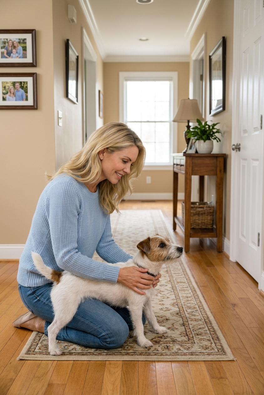 A photorealistic scene of a small dog standing with its neck extended and elbows slightly out while an owner gently steadies the dog in a hallway, candid indoor lighting