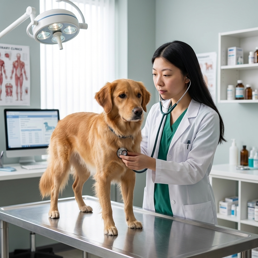 A photorealistic scene of a veterinarian in a clinic using a stethoscope to listen to a medium-sized dog’s chest while the dog stands calmly on an exam table, soft clinical lighting