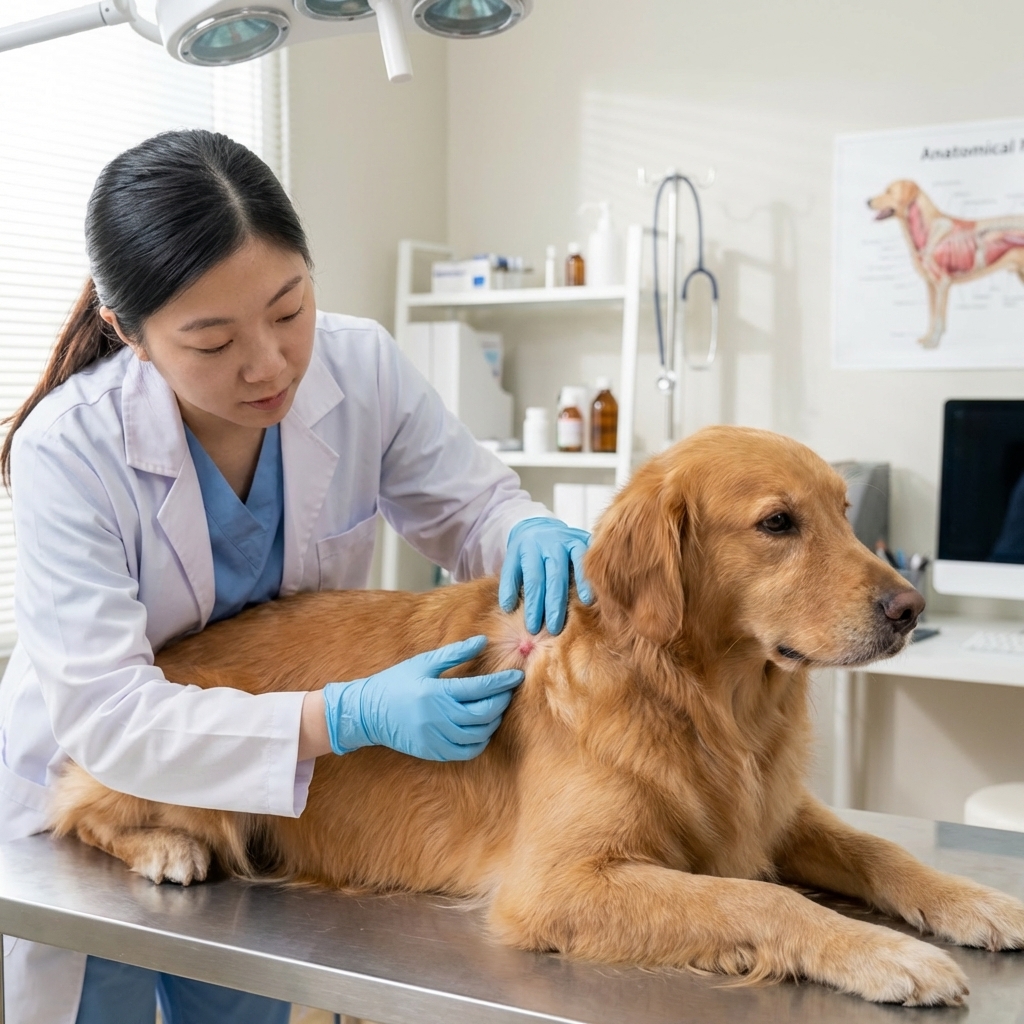 A photorealistic veterinary clinic photograph of a veterinarian gently parting a dog’s fur to examine a small skin bump on the shoulder, with the dog calm on an exam table and soft clinical lighting