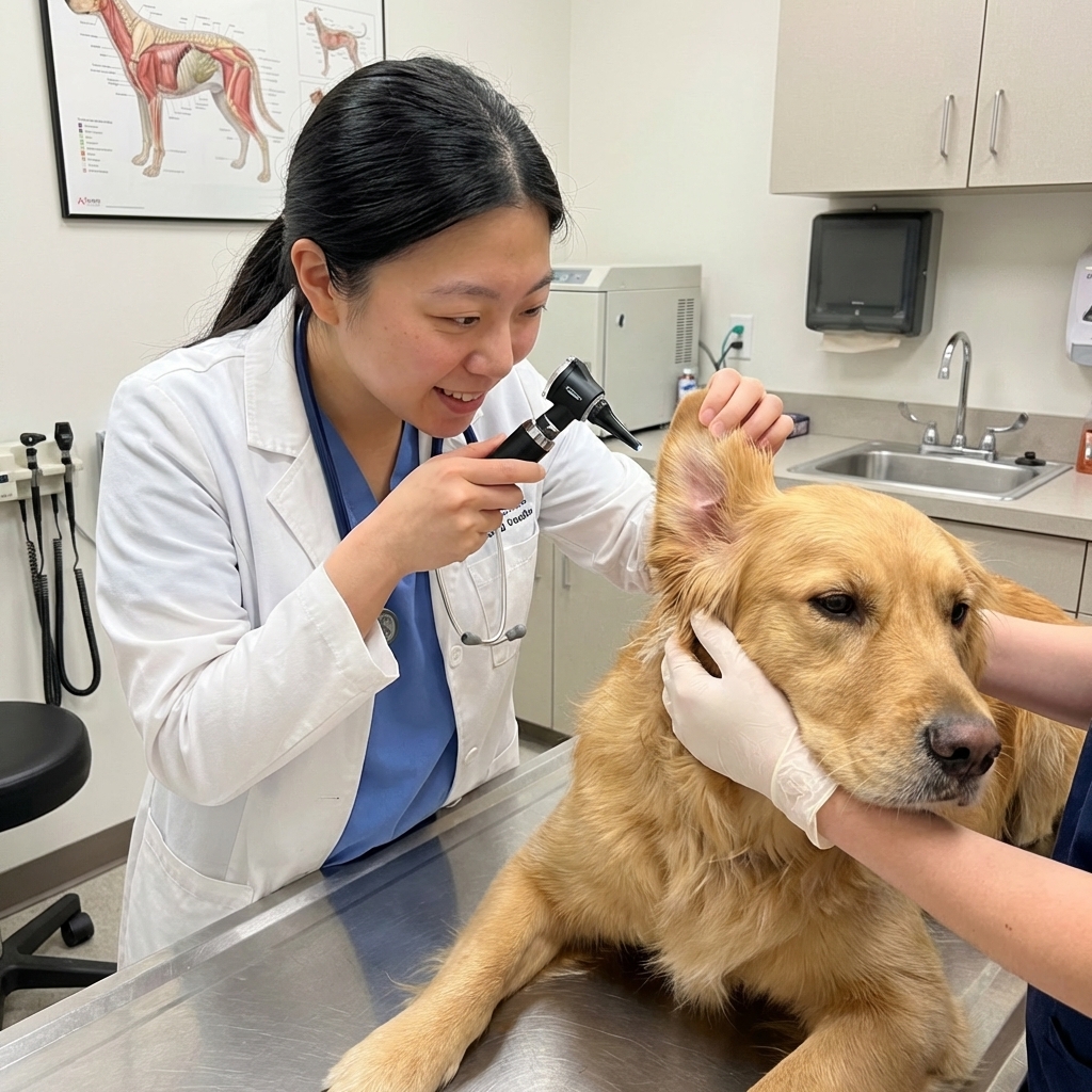 A photorealistic veterinary clinic scene of a veterinarian gently examining a dog’s ear with an otoscope while the dog is held calmly on an exam table, clean bright clinic lighting