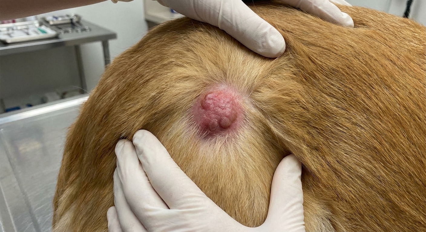 A photorealistic veterinary clinical photograph of a dog’s side with a single raised skin mass that is irregularly shaped and slightly inflamed, with surrounding fur parted to show the lesion clearly, neutral exam room lighting