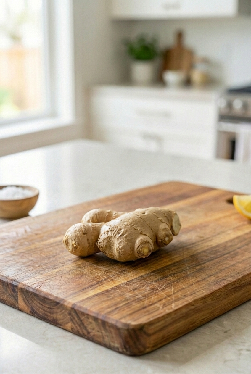 A piece of fresh ginger root on a cutting board