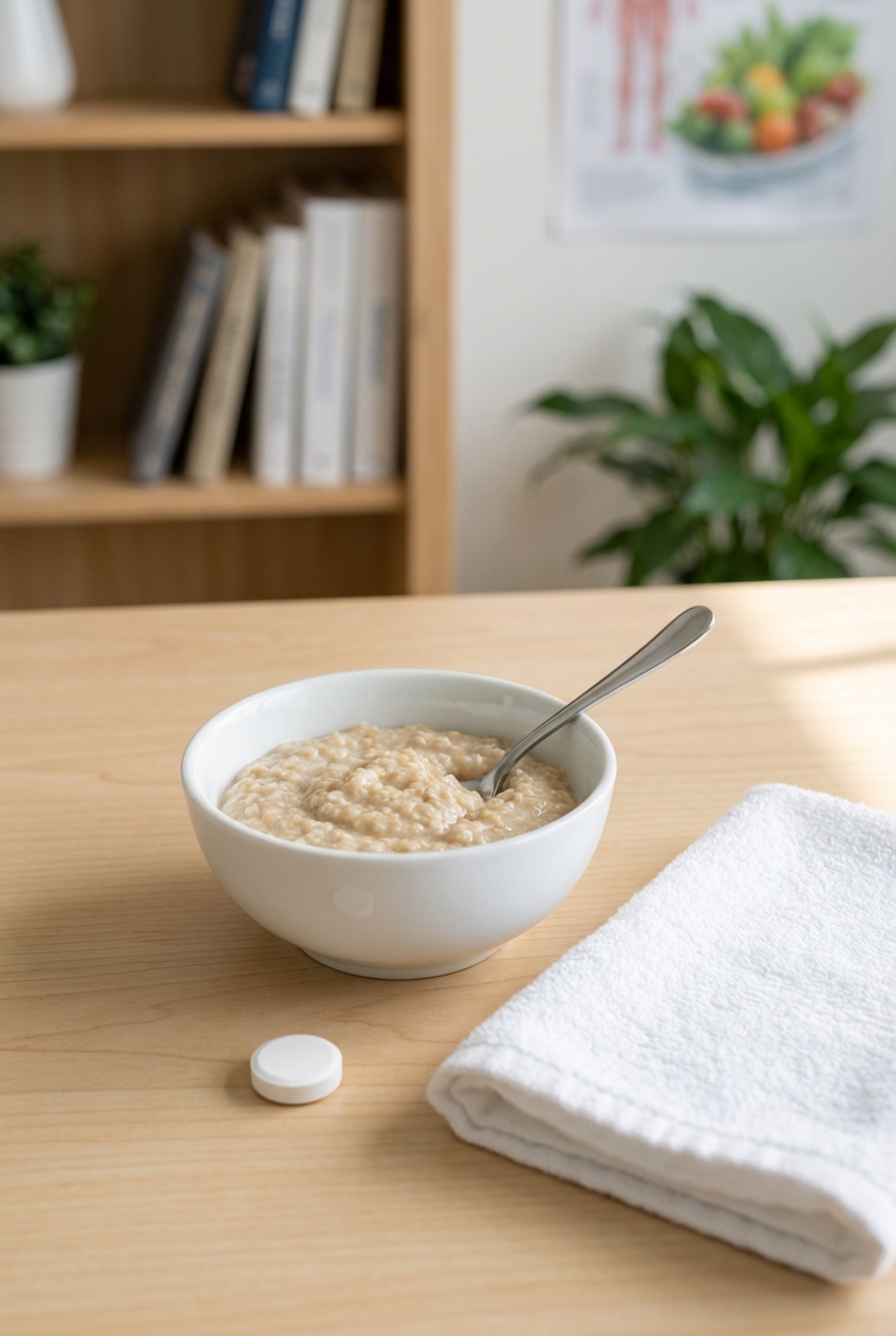 A pill next to a small bowl of soft food and a towel laid out on a table