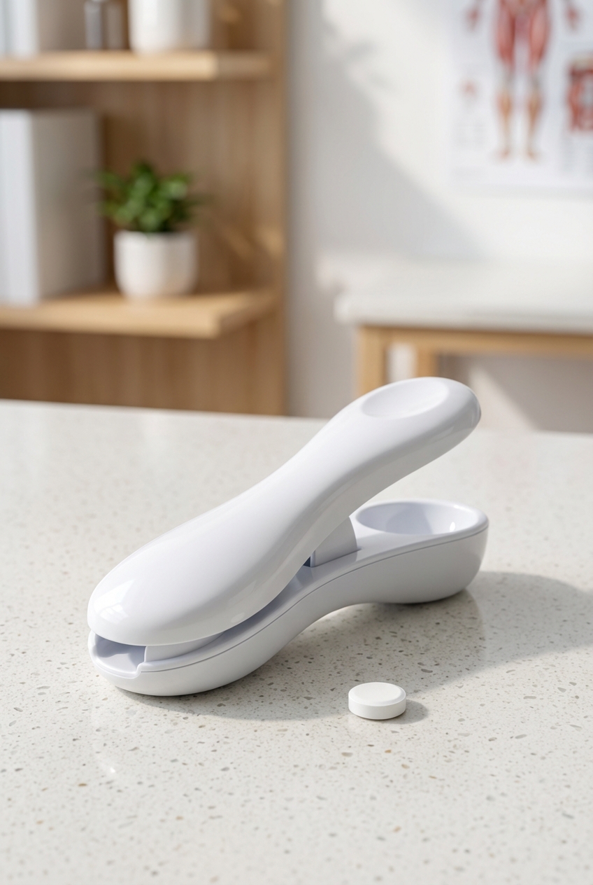 A pill popper device resting on a countertop next to a small tablet