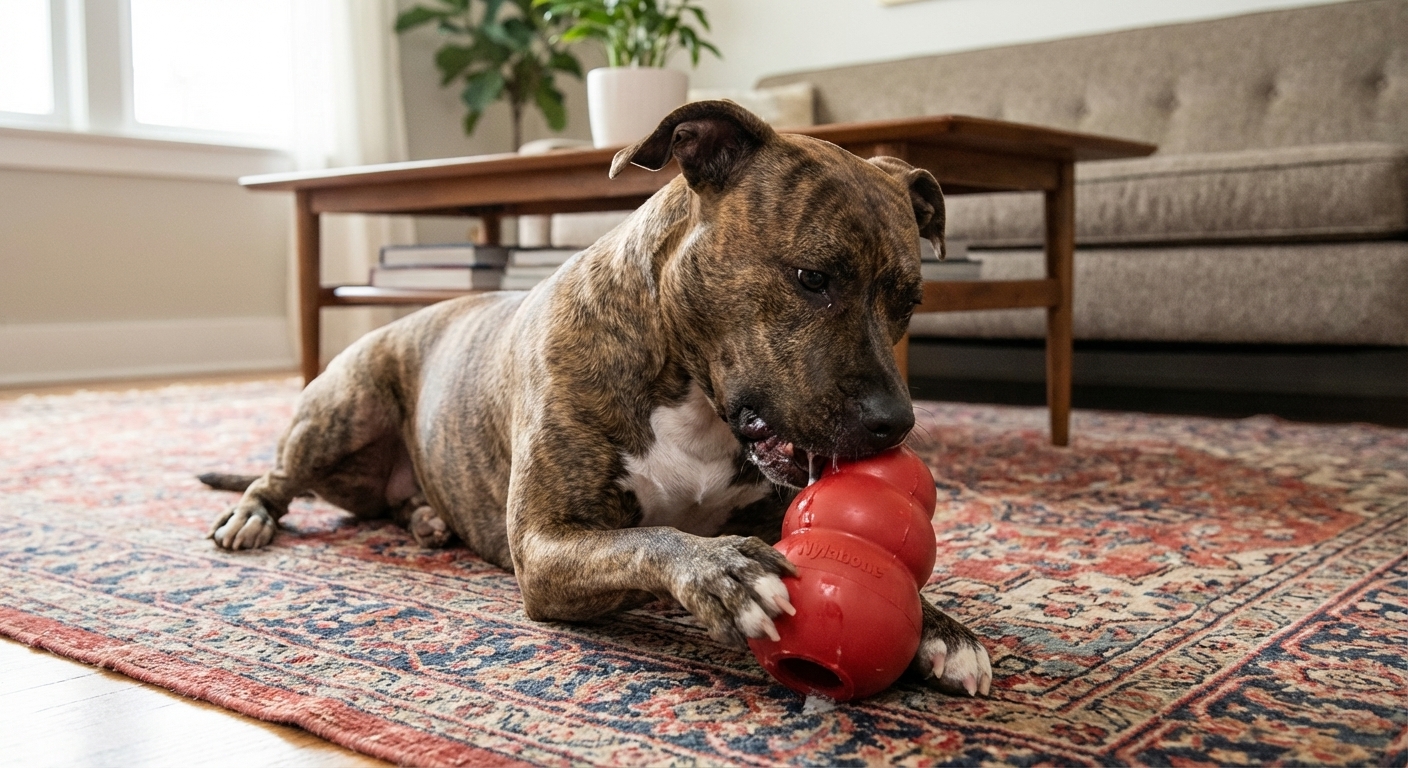 A pit bull-type dog chewing a durable toy on a rug at home
