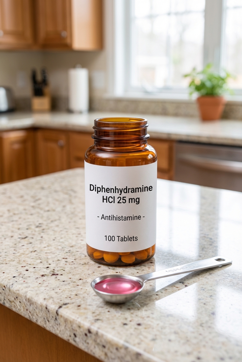A plain bottle of diphenhydramine tablets on a kitchen counter next to a measuring spoon