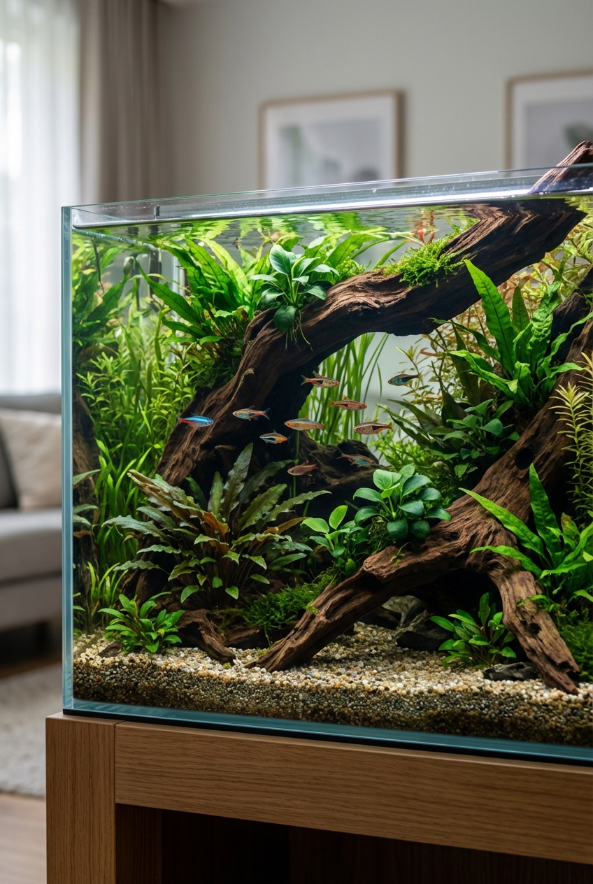 A planted aquarium with driftwood and leafy plants creating multiple hiding areas
