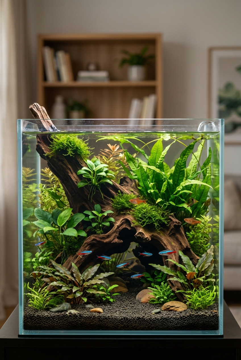 A planted freshwater aquarium with dense greenery, driftwood, and shaded hiding areas