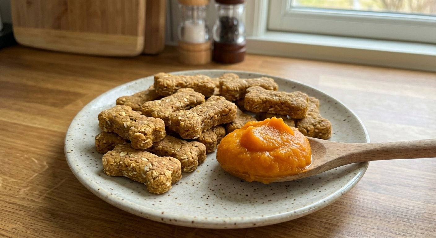 A plate of small pumpkin oat dog cookies next to a spoonful of pumpkin puree
