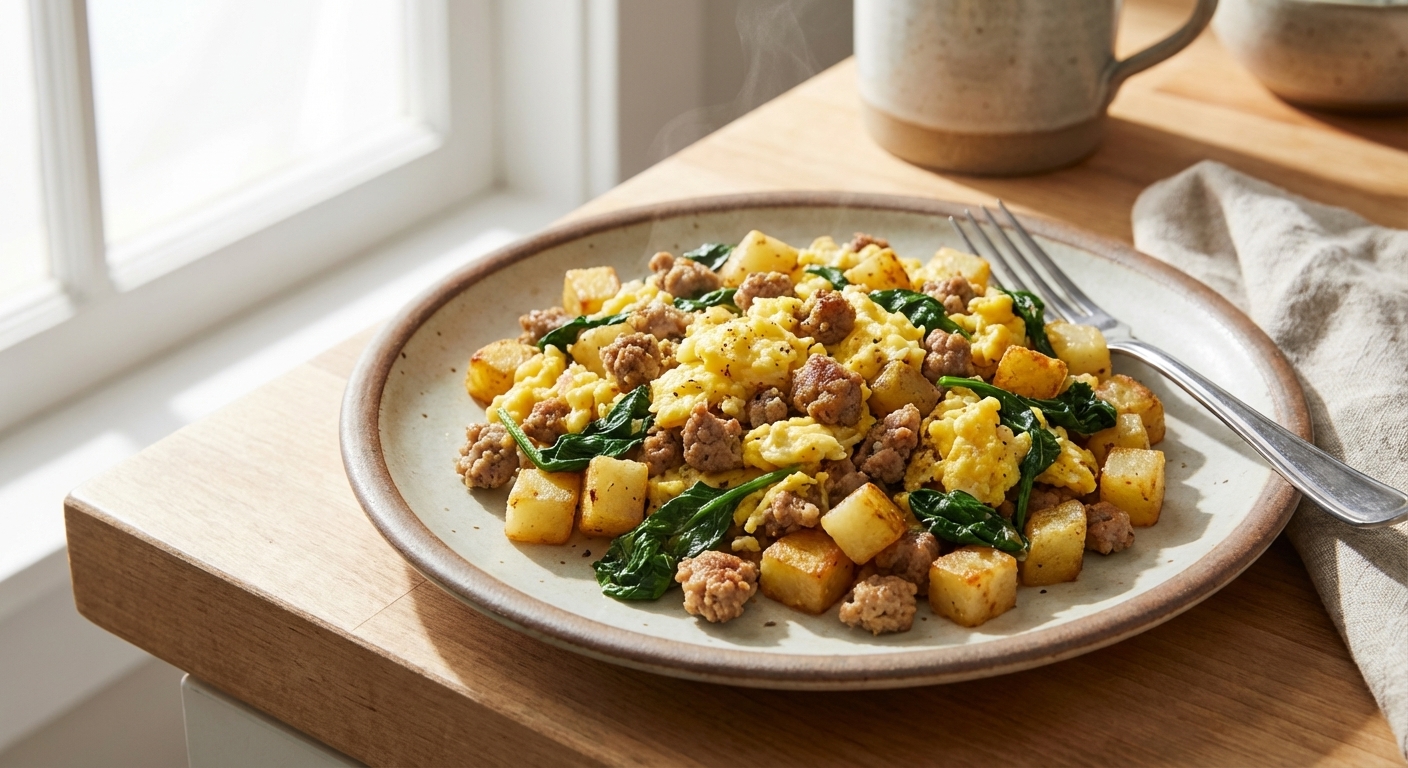 A plate with scrambled eggs mixed with cooked ground turkey, diced cooked potato, and chopped steamed spinach, bright morning kitchen lighting