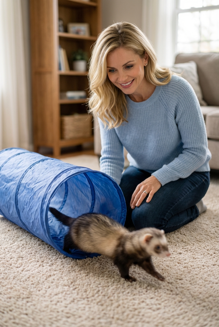 A playful ferret running through a flexible pet tunnel on a carpeted floor while a person watches nearby
