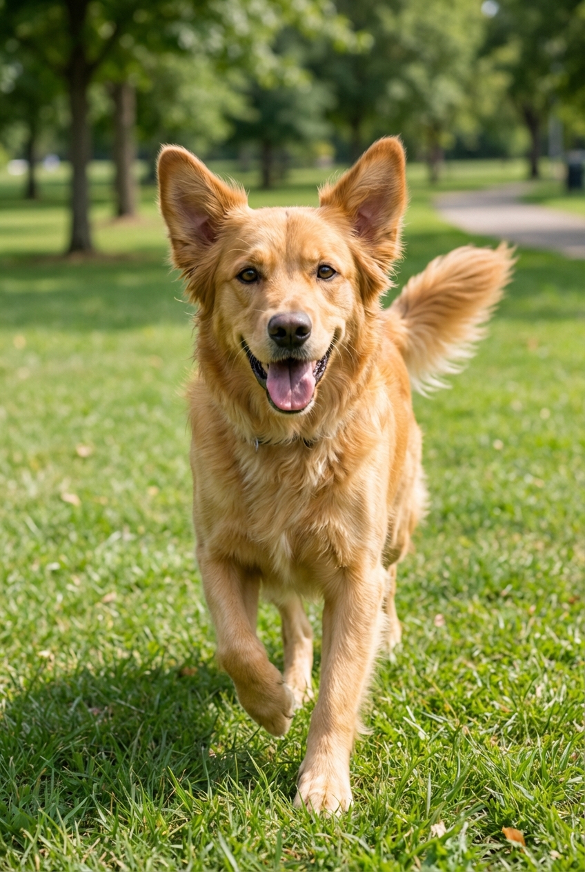A playful medium-sized dog running toward the camera in a grassy park with ears perked