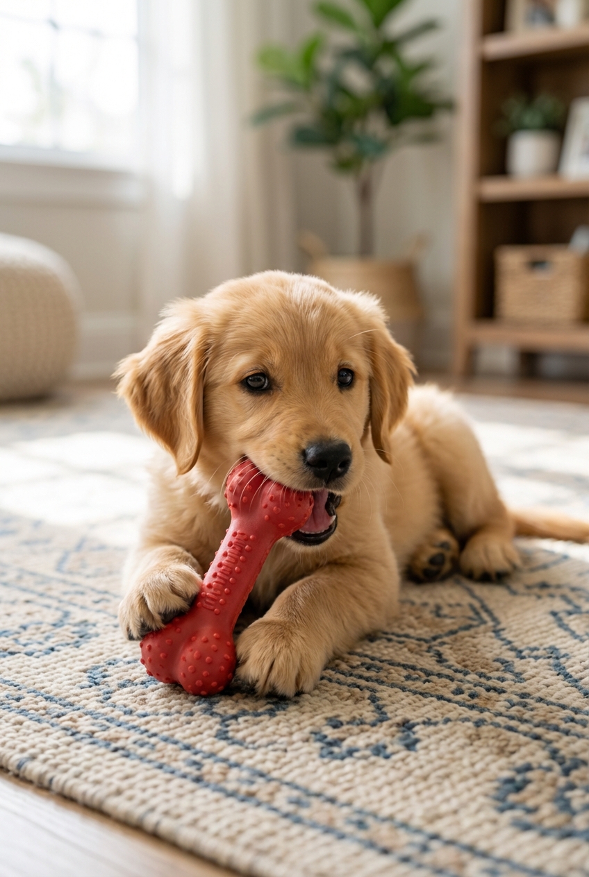 A playful puppy chewing a safe rubber chew toy on a living room rug