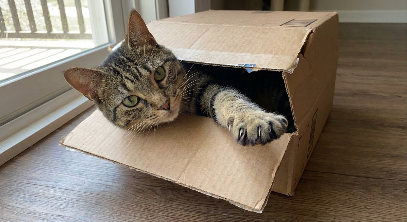 A playful tabby cat peeking out from a cardboard box with one paw extended as if ready to pounce