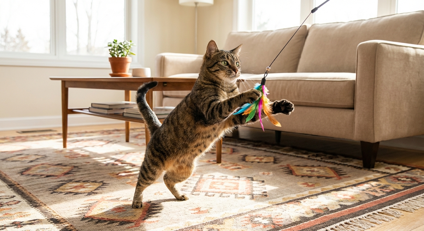 A playful tabby cat reaching for a feather wand toy on a living room rug