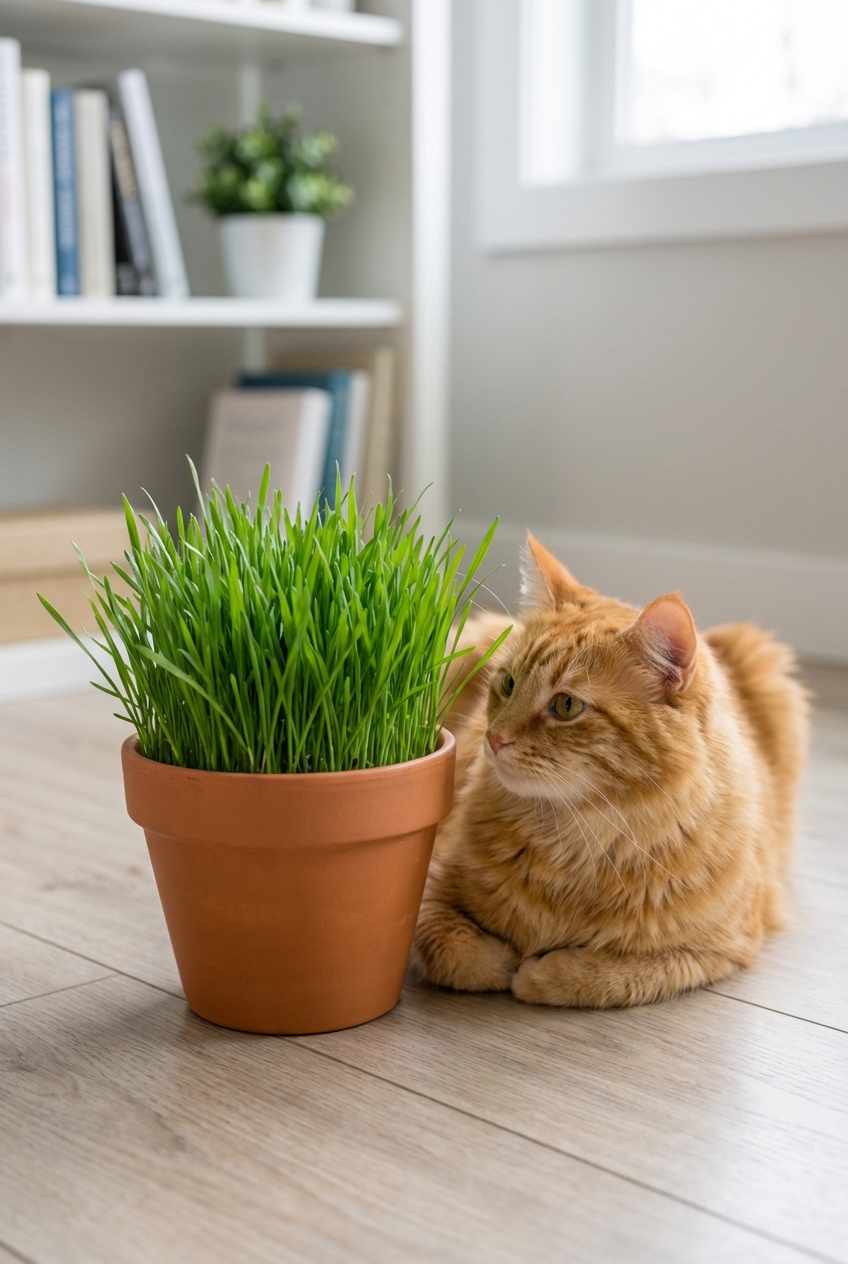 A pot of cat grass on a floor next to a cat lounging nearby