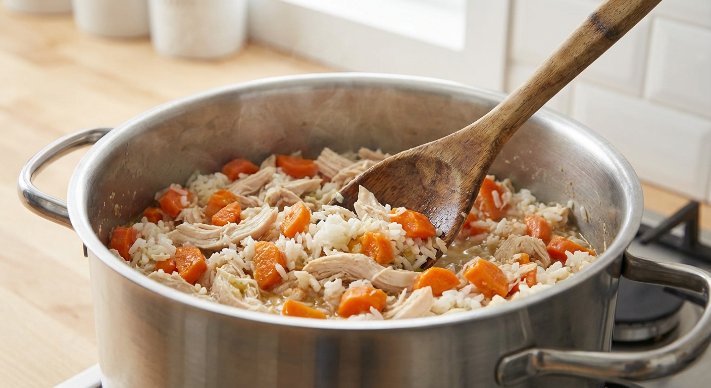 A pot of cooked dog food with shredded chicken, rice, and softened carrots being stirred with a wooden spoon