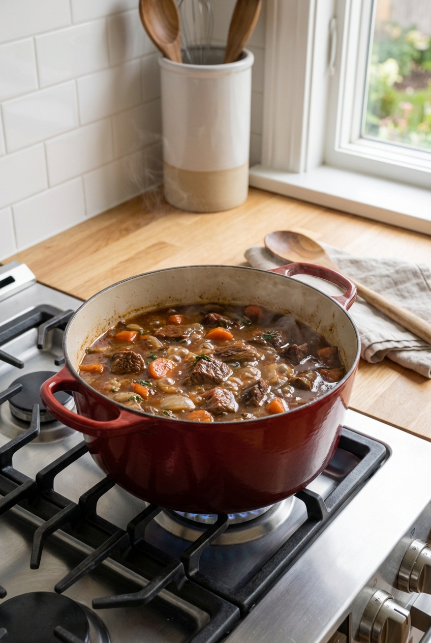 A pot of gently simmering meat on a stovetop in a clean home kitchen
