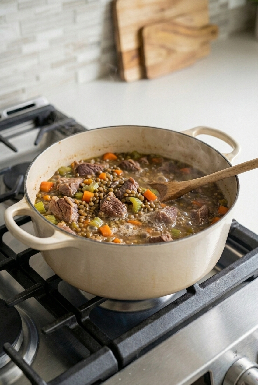 A pot of lamb and lentil stew with diced carrots and celery simmering gently