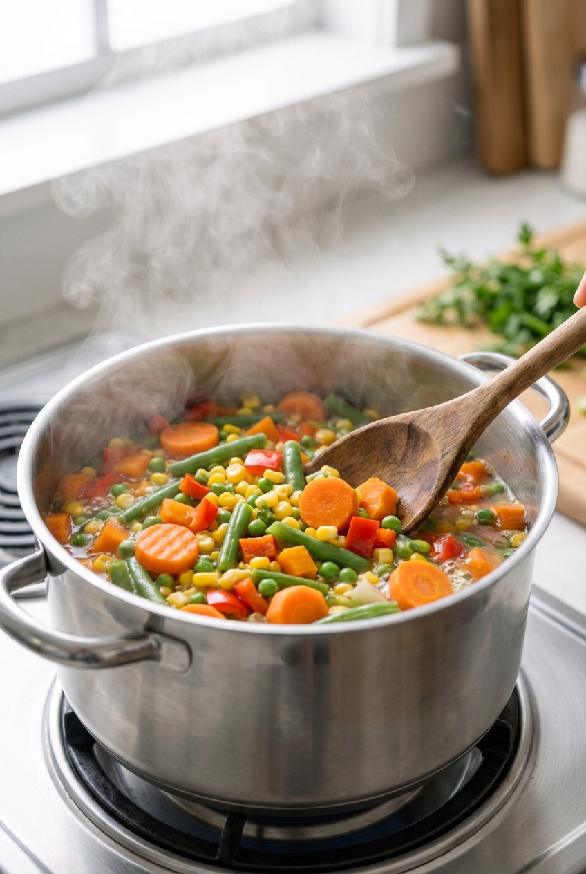 A pot on a stove with steaming mixed vegetables and chopped carrots being stirred with a wooden spoon