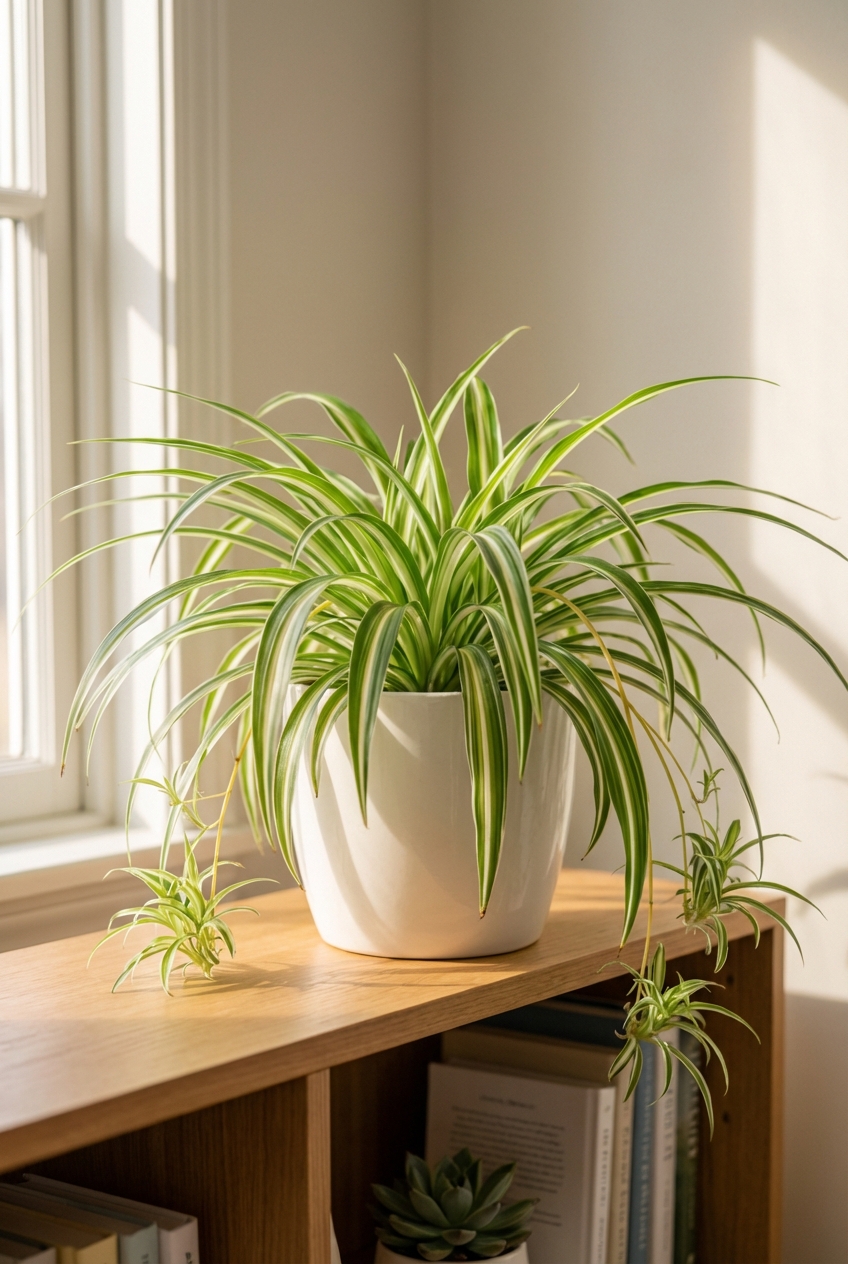 A potted spider plant on an indoor shelf in natural window light