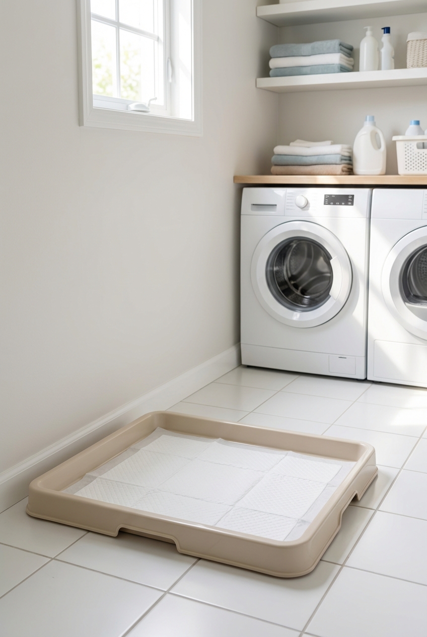 A potty pad secured in a low plastic tray placed in a quiet corner of a laundry room