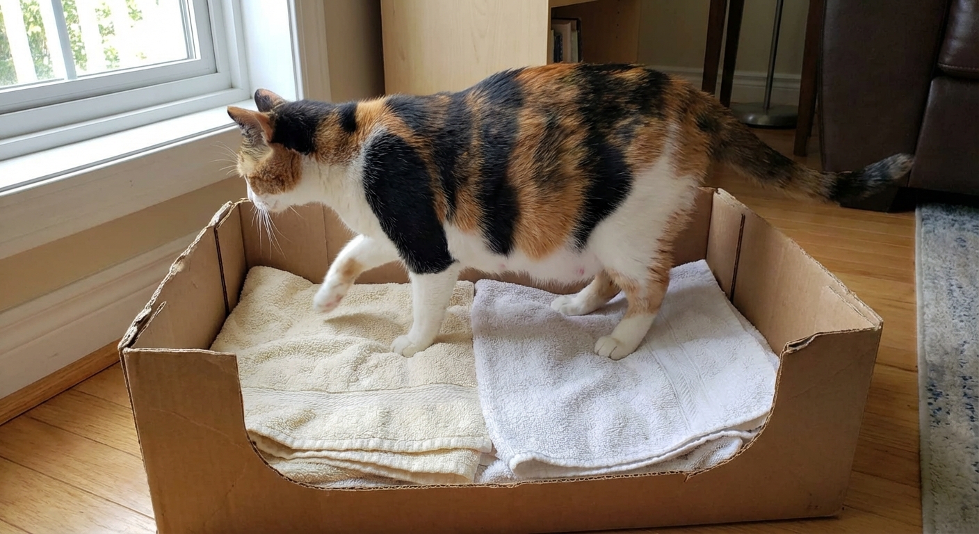 A pregnant cat exploring a cozy cardboard box lined with clean towels