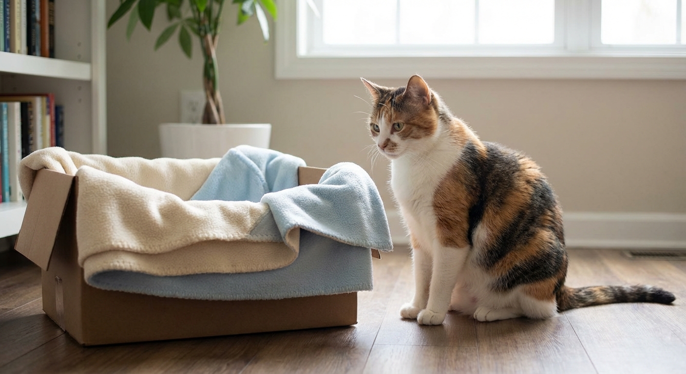 A pregnant cat sitting beside a cozy box lined with clean blankets in a quiet room