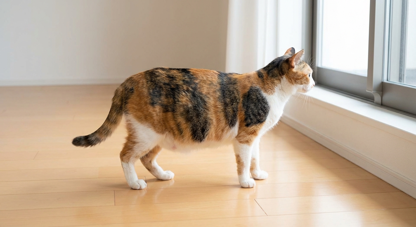 A pregnant cat standing in profile on a clean floor showing a gently rounded abdomen