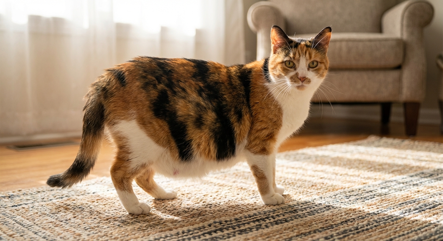A pregnant cat standing on a rug with a visibly rounded abdomen