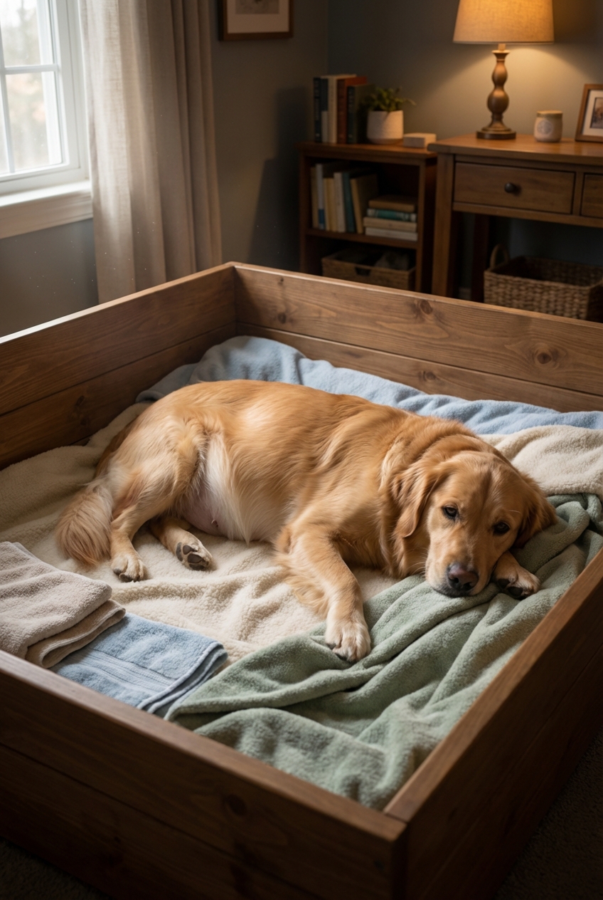 A pregnant dog lying in a cozy whelping box lined with clean blankets in a quiet room