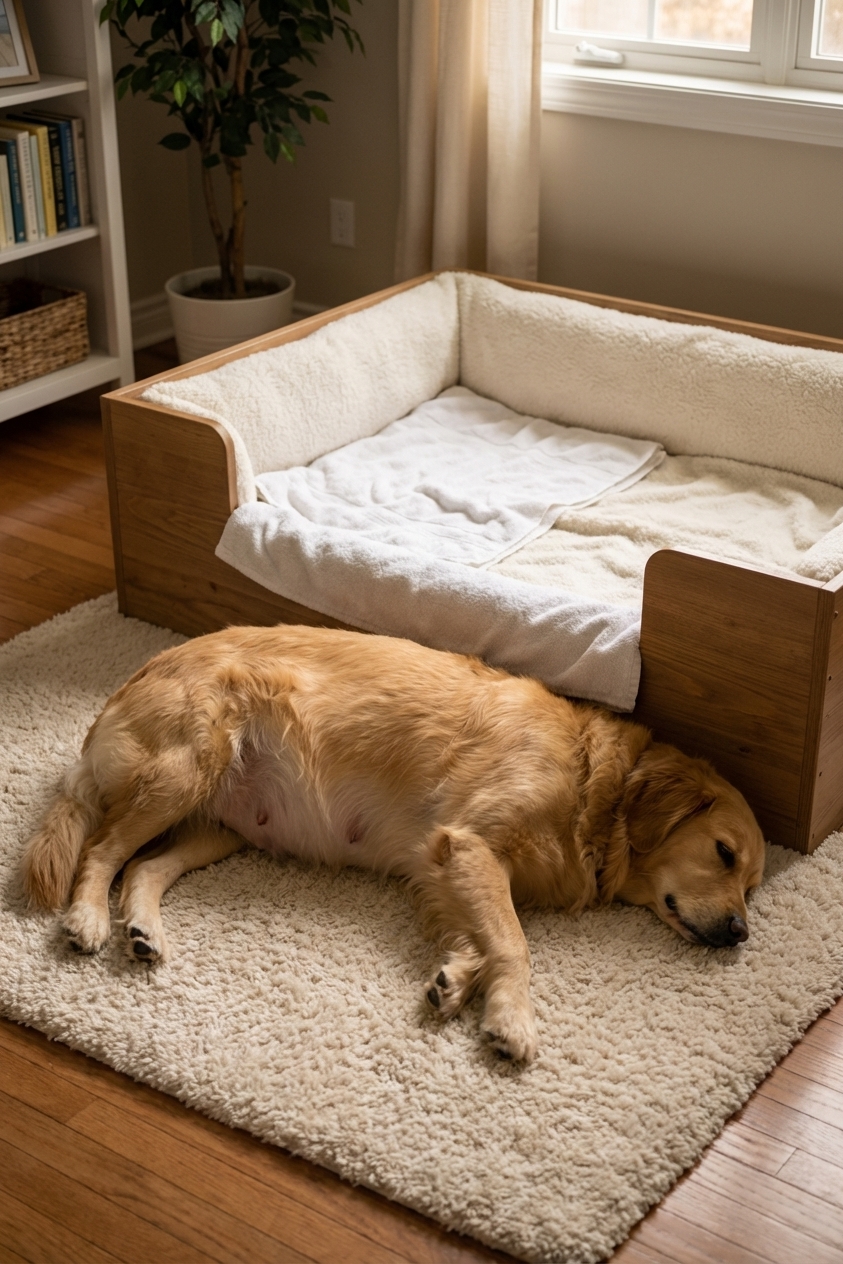 A pregnant dog resting beside a clean, well-padded whelping box in a quiet home room with soft lighting, realistic photography