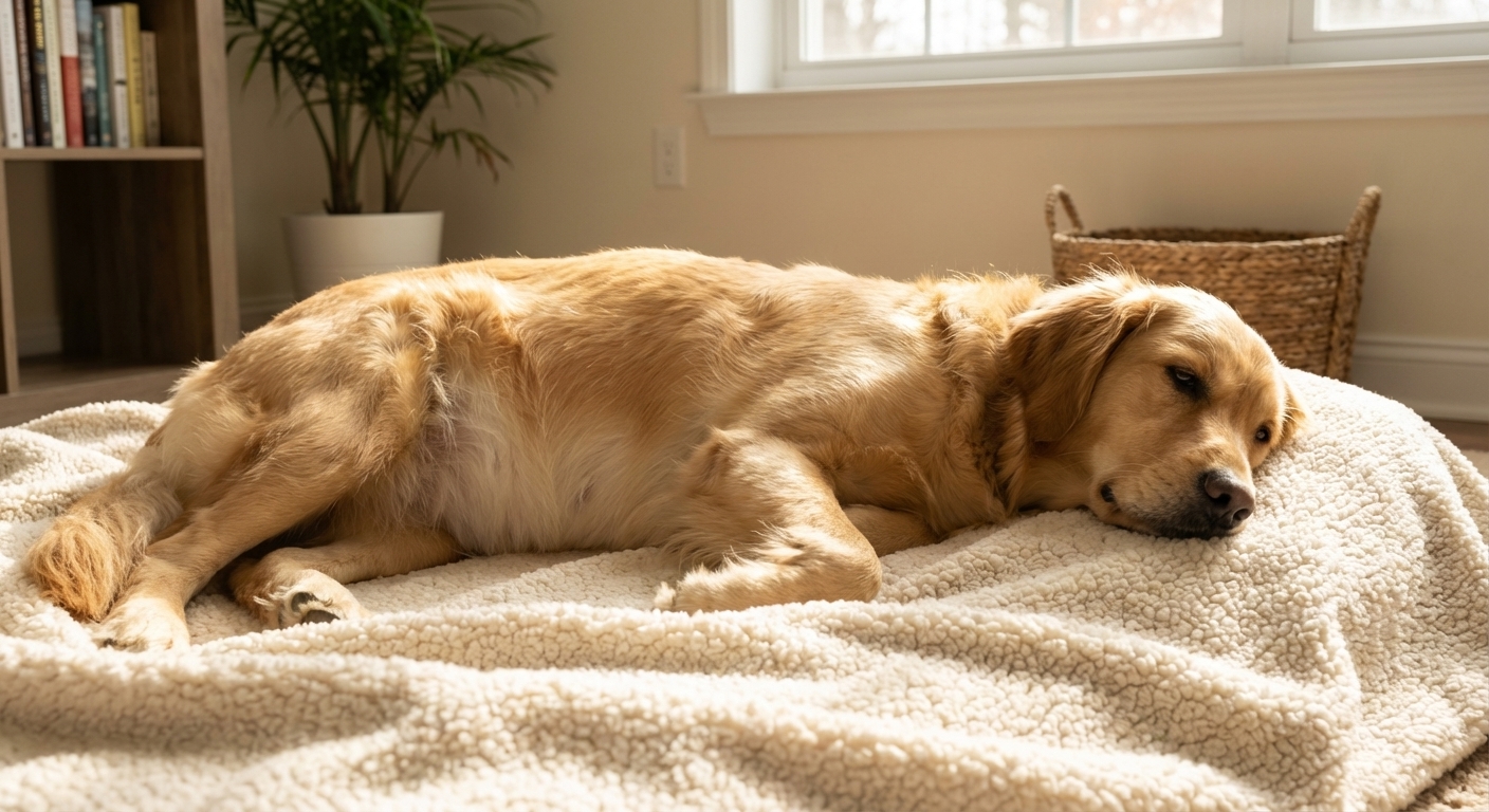A pregnant dog resting comfortably on a soft blanket in a quiet room