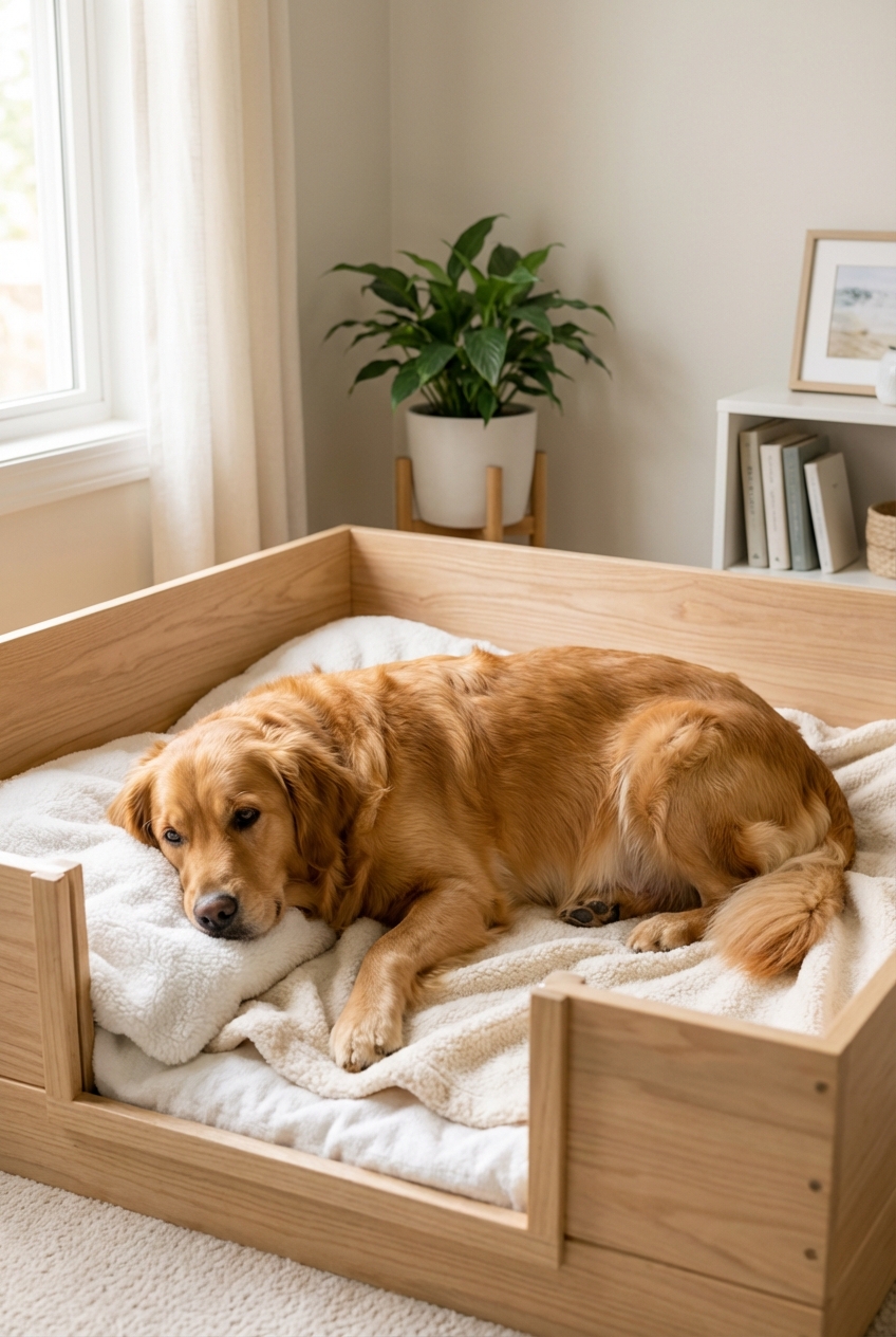 A pregnant dog resting in a cozy whelping box with clean blankets in a quiet corner of a home
