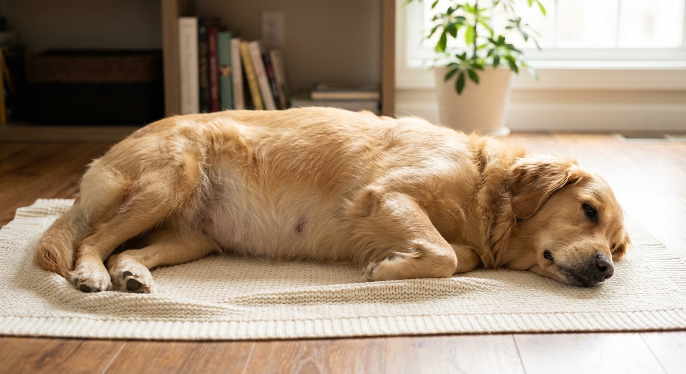A pregnant dog resting on a clean blanket in a calm home setting