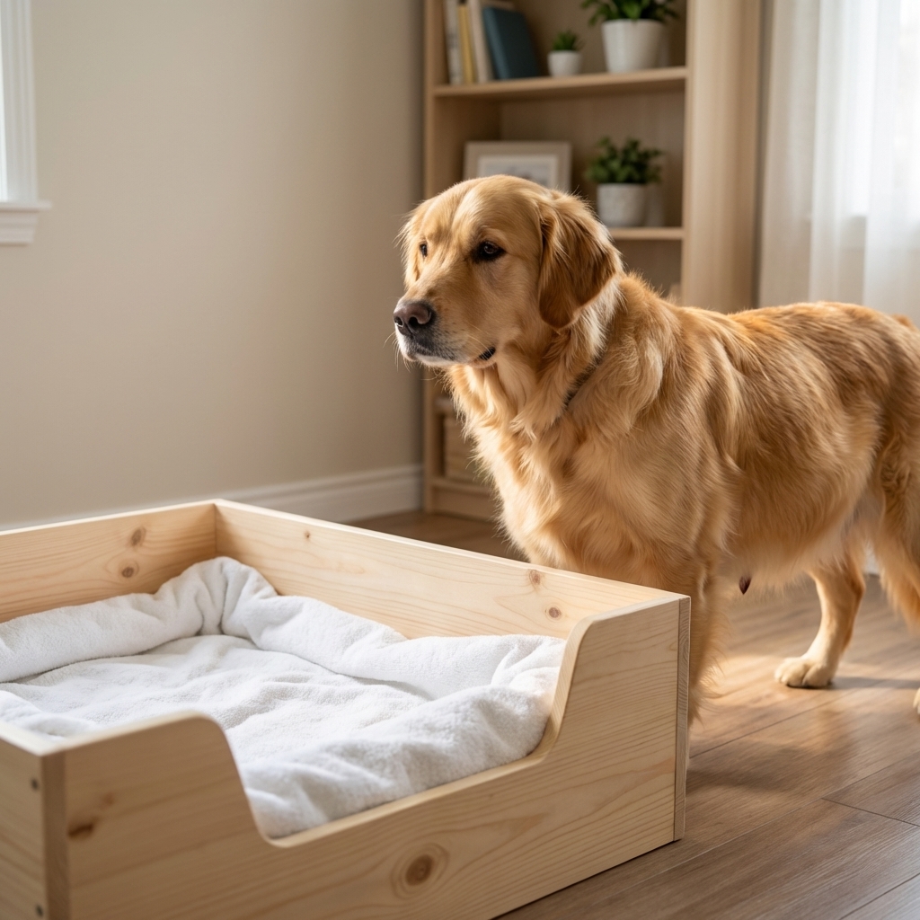 A pregnant dog standing beside a clean whelping box in a quiet room